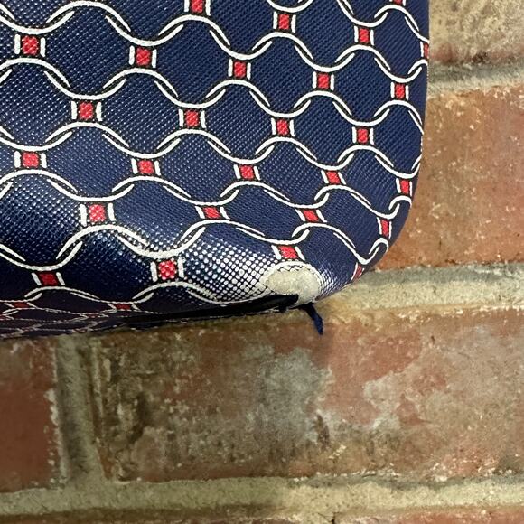 Talbots Printed Saffiano Tote Bag Blue White Red Weave - Picture 3 of 15